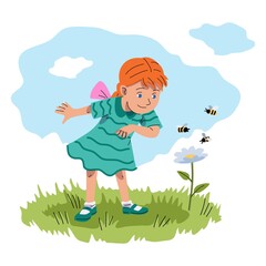Obraz na płótnie Canvas Girl watching bees flying around flower in summer. Childhood outdoor vector illustration. Little curious girl looking at flower in grass smiling. Fun hobby and leisure activity