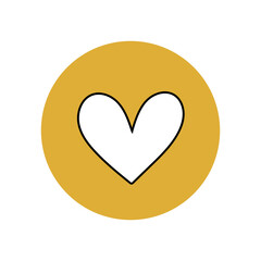 White heart icon in a yellow circle. Figure for applications, smartphone user interface. Romantic symbol of Valentine's Day. 