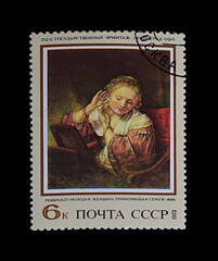 USSR - CIRCA 1973: The postal stamp printed in USSR is shown by the portrait of the beautiful young girl in medieval clothes, CIRCA 1973.