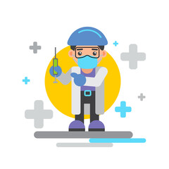 Vaccination against the virus, cure for the disease. The doctor holds a syringe in his hand. Viral epidemic, treatment of people. Flat cartoon illustration.