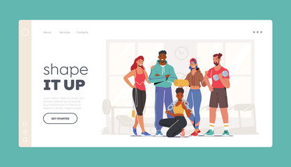 Athlete People Workout Landing Page Template. Happy Characters in Sports Clothes and Sneakers Stand Together in Gym