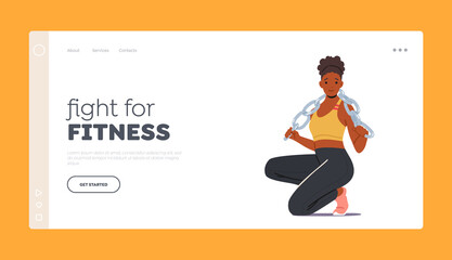 Happy Girl in Gym doing Fitness Landing Page Template. Black African Female Character Wearing Sports Clothes and Sneakers Sitting with Chain on Shoulders, Woman Workout. Cartoon Vector Illustration