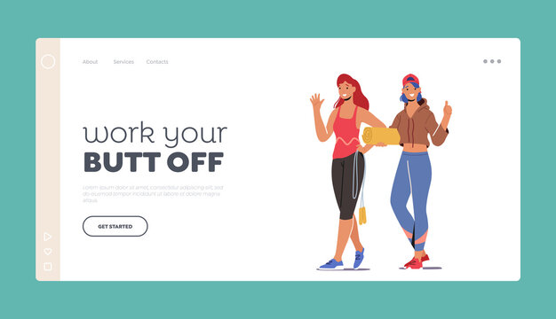 Happy Girls in Gym Landing Page Template. Female Characters Couple Wearing Sports Clothes and Sneakers Stand Together