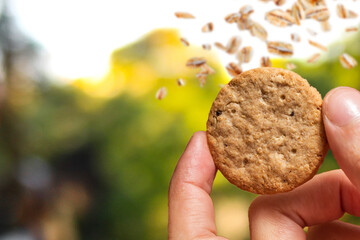 Pessoa segurando um biscoito integral com flocos de aveia caindo e fundo verde e arvores desfocadas. Conceito para alimentação saudável.