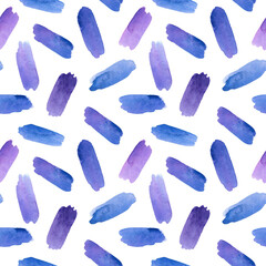 Watercolor violet, purple and blue brush strokes seamless pattern. Color swatches on white background.