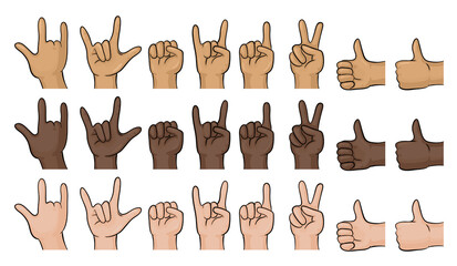 Hands isolated on a white background. Collection of different drawing hands in different skin color.