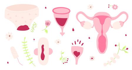 Feminine hygiene products, panties, pad, cups, tampon and uterus. Period. Menstrual protection, feminine hygiene. Isolated vector illustrations.
