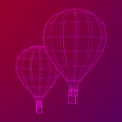 Airballoon design airway travel transport. Air ship with cabin. Wireframe low poly mesh vector illustration.
