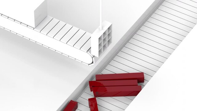 Close Up Modern White Factory Slicer Conveyor Belt Producing Red Bar Slices Loop
