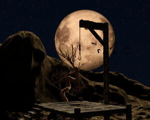 Gallow on a spooky night with a golden full moon and crows - obrazy, fototapety, plakaty