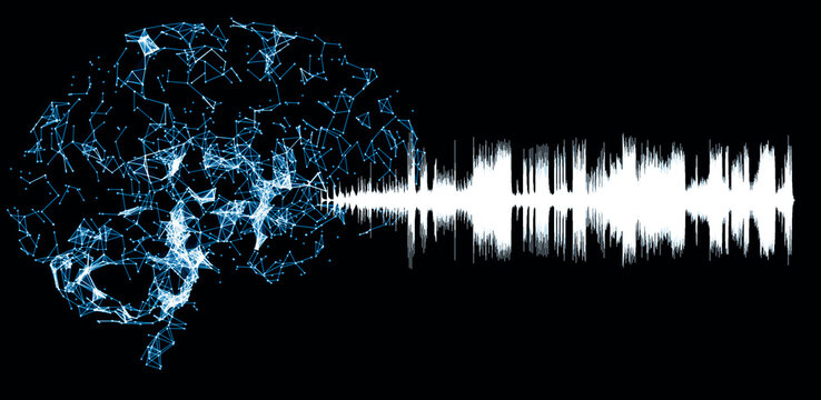 Illustration of a brain and sound waves on a blue background