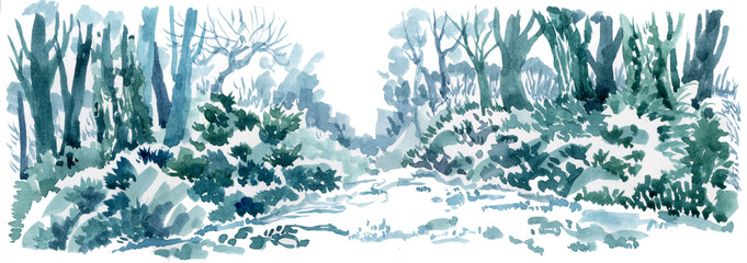 Forest landscape, glade view, graphic illustration.