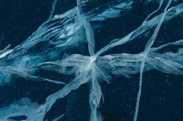 Cracks in a thick solid layer of ice on frozen Lake Baikal.