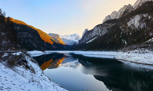 Beautiful Gosausee lake landscape in the winter in Austrian Alps