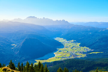 Village Gosau in Salzkammergut region. Gosau Valley at Sunrise with fog. 