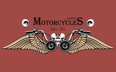 Motorcycle steering wheel with wings. Design for print, emblem, banner. Vector image on a red background.