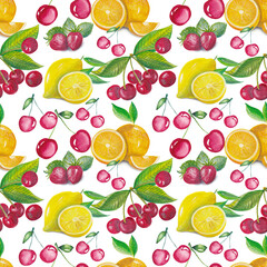Tropical summer pattern with watercolor fruits