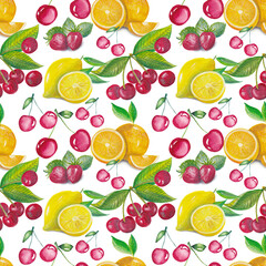 Tropical summer pattern with watercolor fruits
