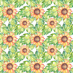 Watercolor tropical pattern with sunflowers