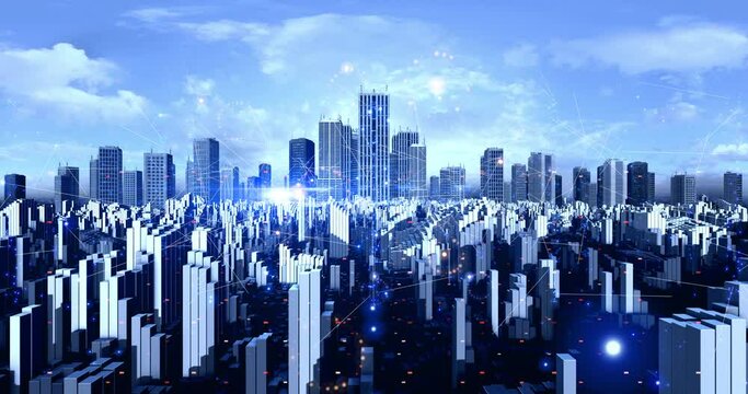 Modern Metropolitan City Aerial Sky. Digital Technology And Big Data. Technology And Business Related 4K CG Animation.