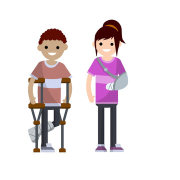 Man and woman with broken arm and leg. Cartoon flat illustration. Illness and injury. Bandage, crutch. medical healthcare. Young boy and girl