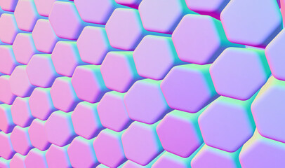 Abstract gradient blue, pink and violet hexagon background; pastel color hex texture; simple geometric structure; perspective view; 3d rendering, 3d illustration