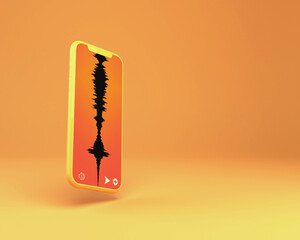 A 3D rendering of a smartphone with audio waves on the screen
