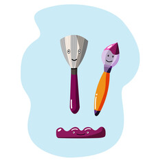 Brushes and paintbrush holder funny character. Isolated vector images. 
