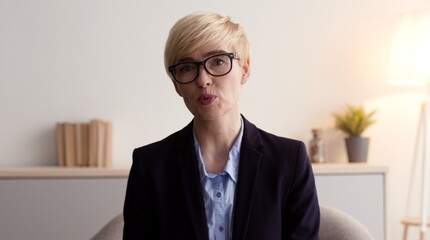 Camera pov portrait of middle aged professional psychotherapist talking to subscribers, recording coaching tutorial