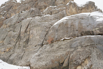 High cliffs are the remains of an ancient fortress and a winter forest. Tustan. Carpathians. Ukraine.