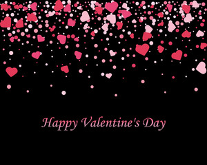 Vector pink hearts confetti. Flying hearts on a black background. Valentine s day background. Spring romantic design.