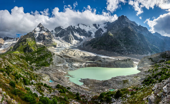 Bashkara lake and glacier at sunny day