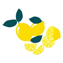 Lemon fruits and slices isolated on white background.