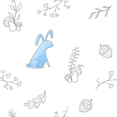 Cute animals in the forest. Minimalistic leaves. Pattern with rabbit 