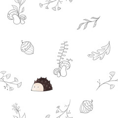 Cute animals in the forest. Minimalistic leaves. Pattern with hedgehog 