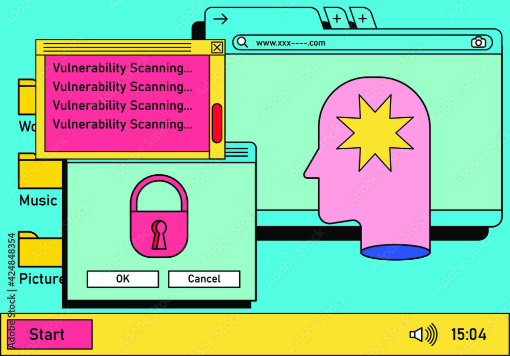 Poster Retro vaporwave desktop with message boxes and user interface elements. A conceptual illustration of website and application programming.