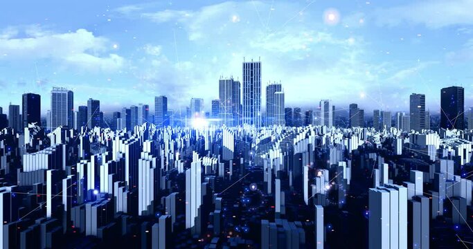 Industrialized Futuristic City Covered By Smart City Network. Big Data And Artificial Intelligence. Technology And Business Related 4K CG Animation.