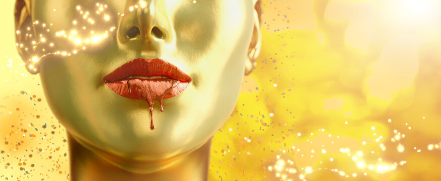 Golden lipstick closeup. Gold metal lips. Beautiful makeup. Sexy lips, bright lip gloss paint on beauty African model girl's mouth