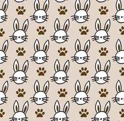 Trendy pattern with hand drawn rabbit head and traces. Applicable for textile design, cover fabric, packaging and other users. 