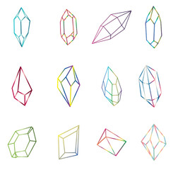 Set of crystal mineral outlined shape on white background