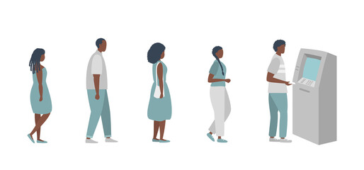 Queue to the ATM. Black people are waiting in line to withdraw money from an ATM. Vector illustration in flat style.