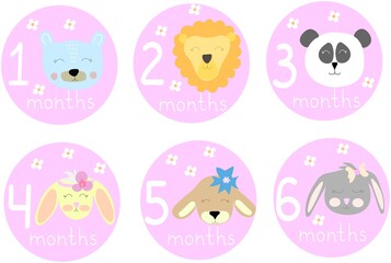Fototapeta premium Stickers for monthly baby photos. Cute animals