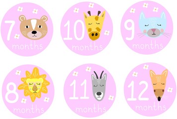 Stickers for monthly baby photos. Cute animals