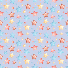 Baby boy watercolor seamless pattern (digital paper). Baby shower, birthday. Watercolor stars. Gold, blue stars. On a blue background. For printing on textiles, fabrics, wrapping paper, postcards.