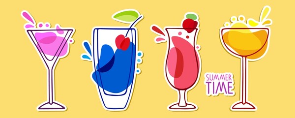 Summer time lettering, Tasty alcoholic cocktails sticker set. Various colored drinks. Mixed drinks. Bright pink cocktails in glass. Exotic tropical beach bar. Flat cartoon vector icon on yellow