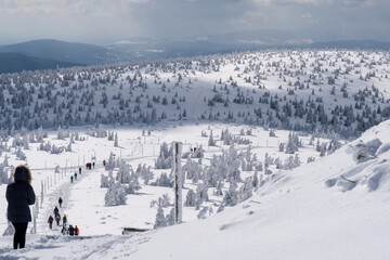 Winter mountain landscape, Poland, Panorama of the Giant Mountains in sunny winter day, from Biała...