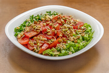 salad of tomatoes, lettuce, green onions and sprouts, vegan food concept