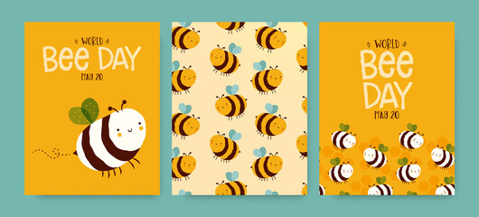 World Bee Day cute funny cartoon card set