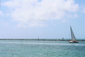 Fototapeta premium Beautiful sailboat sailing at low tide with passengers aboard navigating through the wind in Miami Beach, Florida near South Pointe Pier. Copyspace for text. Advertising. 