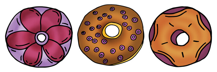 collection of donuts with cream, chocolate isolated on white background. Cute glossy donuts with pink, chocolate and vanilla icing and sprinkles. For recipes, menus, culinary blogs, stationery